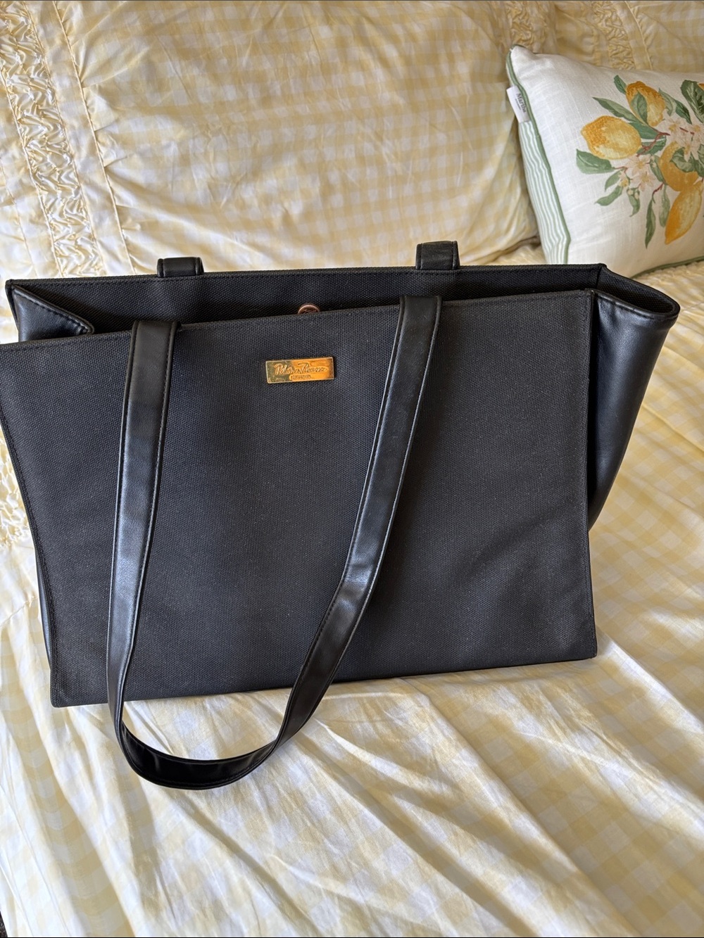 Paloma Picasso Black Tote with Gold Logo Plaque